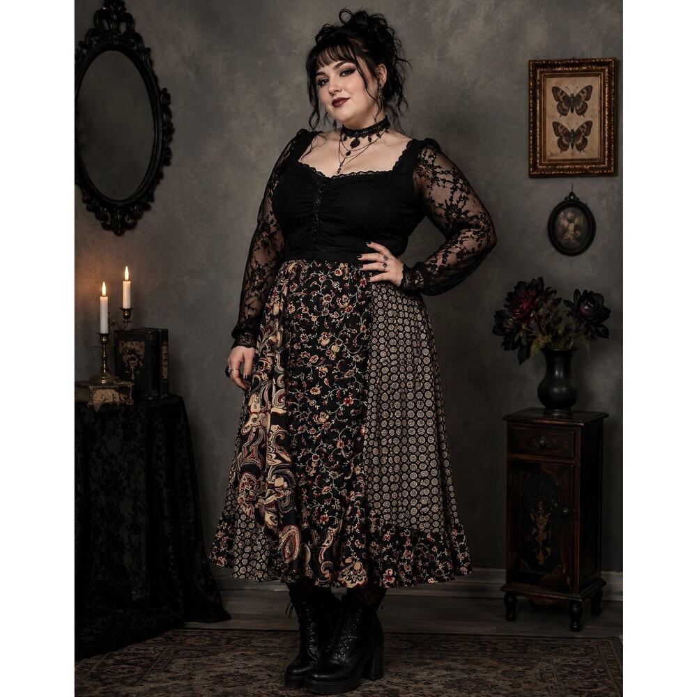 Outfit JPR Black Floral Midi Skirt Boho Fairy Whimsigoth Y2K Womens Large